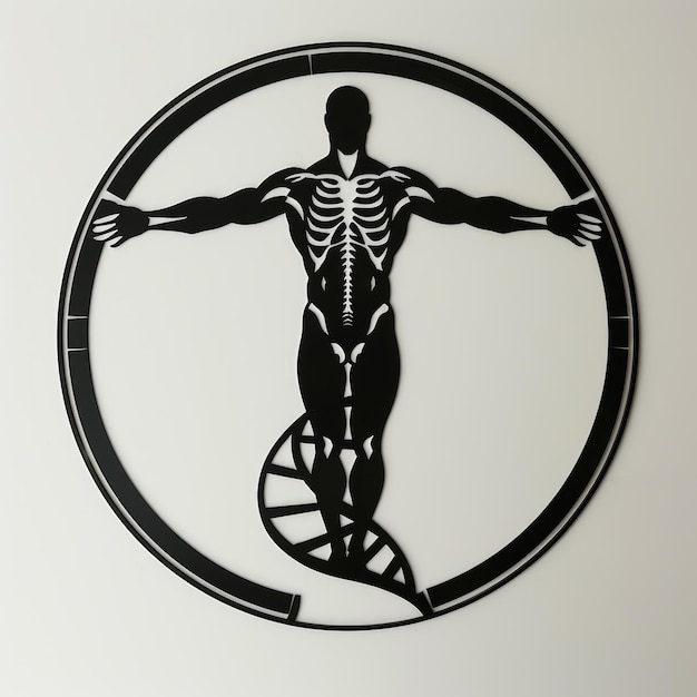 Zdjęcie logo doskonałości opieki zdrowotnej baner medycyny lekarze farmakologia leczenie szpitalne usługi lekarza rodzinnego z przestrzenią do kopiowania i człowiekiem witruwian dla promocji vip