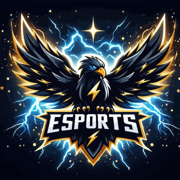 Zdjęcie logo e-sportu z czarnym orłem z błyszczącym niebieskim i złotym grzmotem