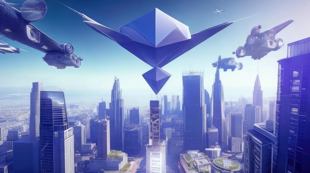 Logo Ethereum w wirtualnym futurystycznym mieście z budynkami i maszynami latającymi