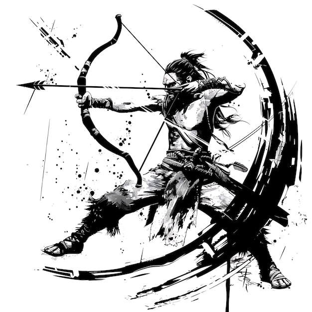 Logo Hunowskiego wojownika z zakrzywionym łukiem, zaciekły wyraz w koszulce konnej, tatuaż, kolaż, sztuka projektowa