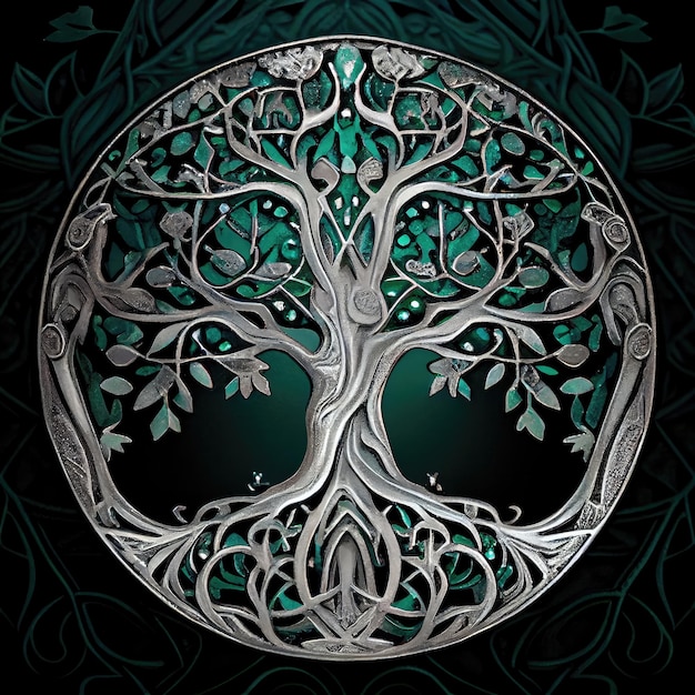 Logo metalowego drzewa Walhalla Koło Godło Srebrny dąb Symbol Duża ozdoba drzewa Rysunek Imitacja abstrakcyjnej generatywnej ilustracji AI