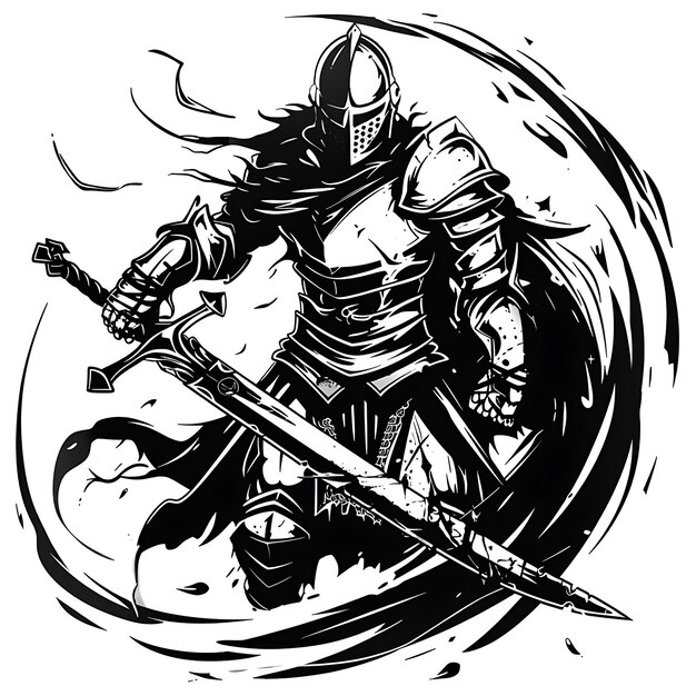 Logo Średniowieczny rycerz z włócznią Złośliwy i utwardzony w walce T-shirt z tatuażem i kolażem