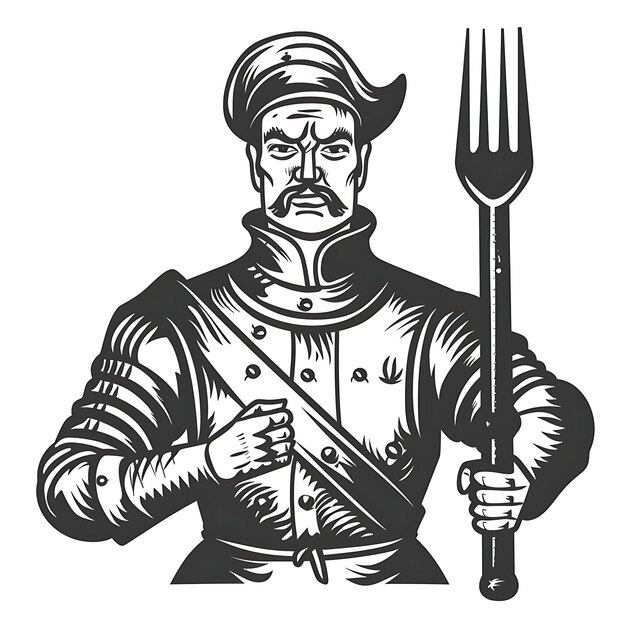Logo Średniowieczny wojskowy widelec Mężczyzna z wojskowym widelcem Z koszulką z sztyrnem T-shirt Tattoo Collage Design Art