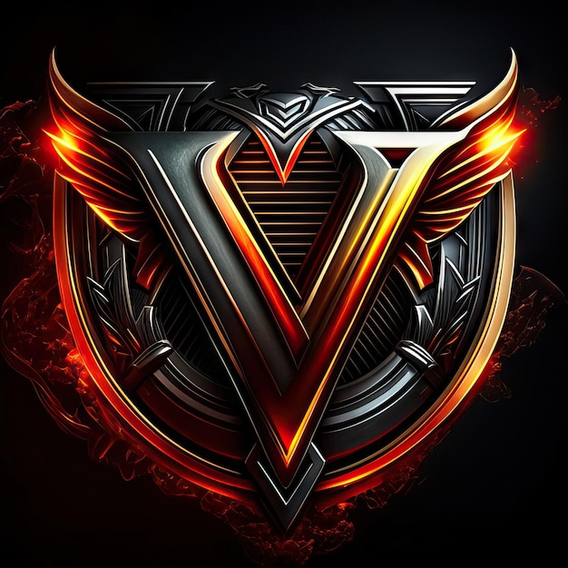 Logo w kształcie litery V ze złotymi i czerwonymi detalami