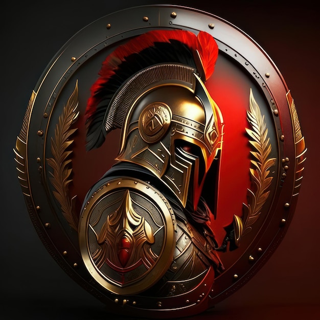 Zdjęcie logo wojownika z tarczą i hełmem z złotymi szczegółami generatywna sztuczna inteligencja