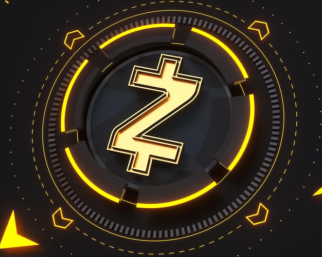 Zdjęcie logo złotej monety zcash na ciemnym tle cyfrowym i żółtym kształcie blasku