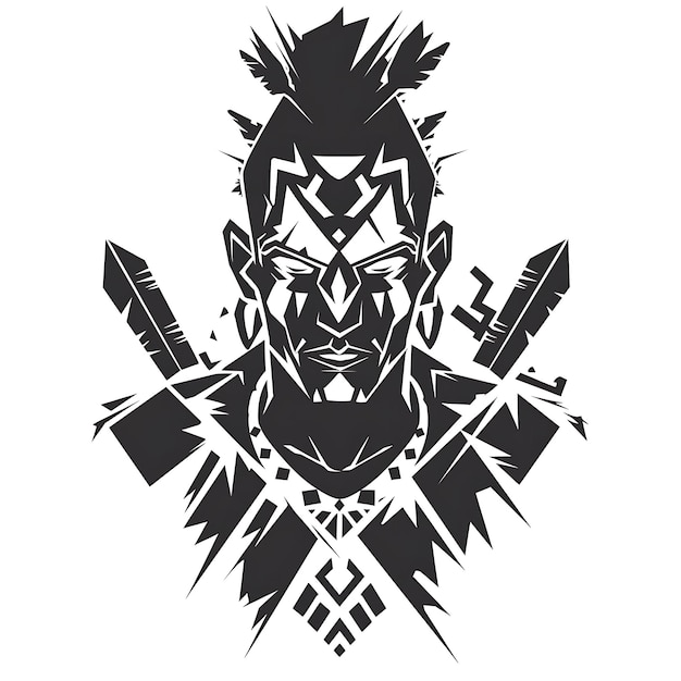 Logotyp okrutnego wodza plemienia z tomahawkami i t-shirtami z zębami zwierząt T-shirt z tatuażem atramentem konturem CNC