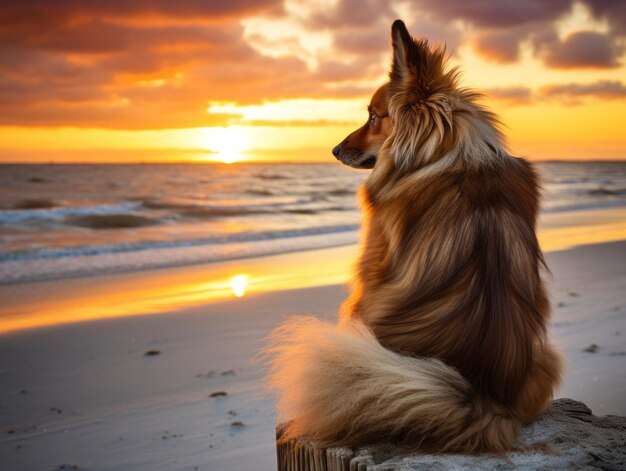 Lojalny pies patrzy na zachód słońca na piaszczystej plaży
