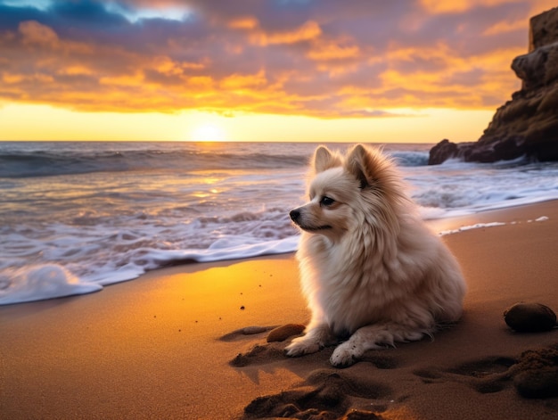Lojalny pies patrzy na zachód słońca na piaszczystej plaży