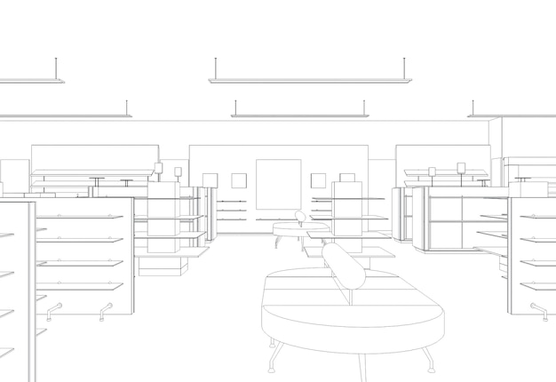 lokal handlowy wizualizacja wnętrza sklepu ilustracja 3d szkic zarys sketch