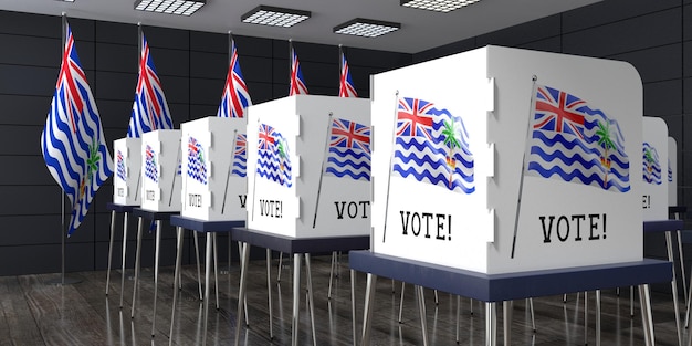 Lokal wyborczy na Brytyjskim Terytorium Oceanu Indyjskiego z wieloma kabinami do głosowania Koncepcja wyborów 3D ilustracja