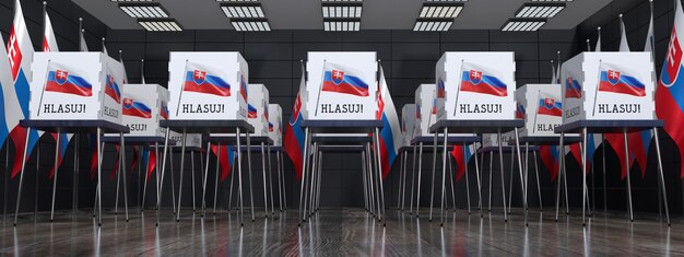 Lokal wyborczy na Słowacji z wieloma kabinami do głosowania Koncepcja wyborów 3D