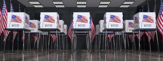 Lokal wyborczy w USA z wieloma kabinami do głosowania Koncepcja wyborów 3D ilustracja