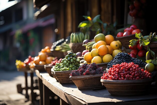 Lokalny rynek ze świeżymi górami acai i tropikalnymi owocami o żywych kolorach generatywnych IA