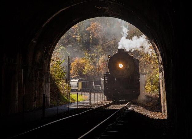 Lokomotywa parowa wjeżdża do tunelu