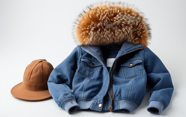 Zdjęcie lone sherpalined denim jacket i pom pom beanie na białym tle