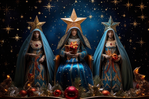 Los tres reyes magos de oriente sobre la estrella de Navidad