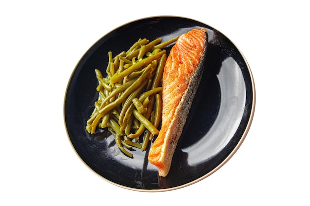łosoś drugie danie ryba smażona zielona fasola posiłek jedzenie przekąska dieta na stole kopia przestrzeń jedzenie