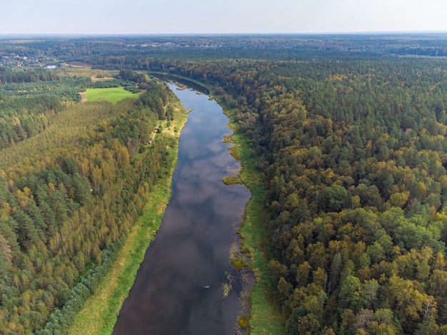 Lot nad rzeką w lesie z lotu ptaka widok z góry