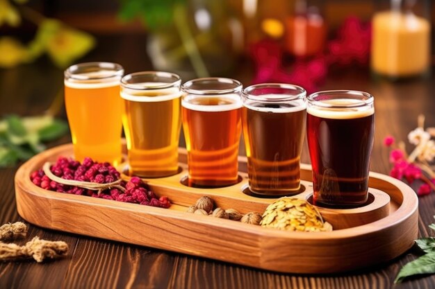 Lot piwa w różnych stylach i kolorach na drewnianej tacy