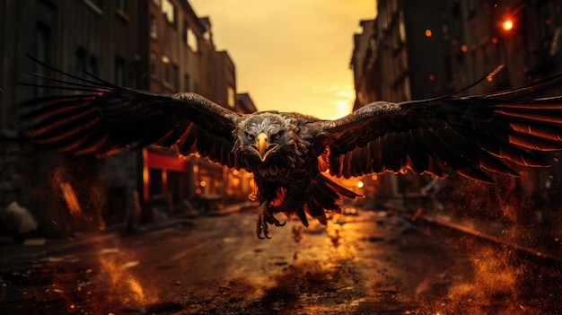 Lot ptaka orła nad miastem na tle zachodu słońca ognia i iskier na ulicy