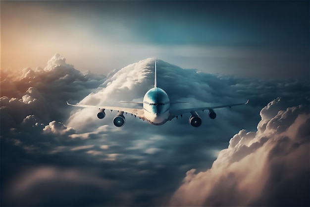 Lot samolotem nad białymi i niebieskimi chmurami na niebie koncepcja podróży airwaysgenerative ai