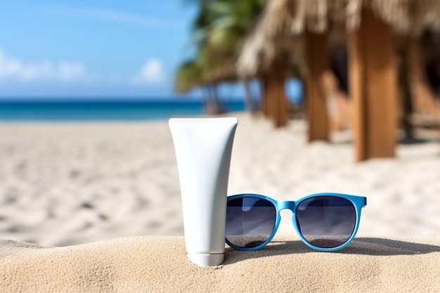 Lotion przeciwsłoneczny i ciemne okulary na plaży w lecie