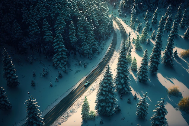 Lotnicze naturalne piękno z sosnami i skrzyżowaniami autostrad z podróżą samochodową przez śnieg