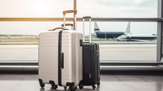 Lotnisko koncepcja podróży odlotu z walizkami bagażowymi w terminalu Airport Window w poczekalni generatywnej sztucznej inteligencji