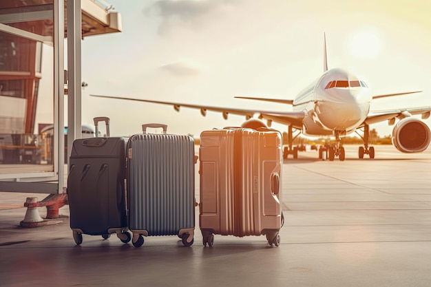 Lotnisko z walizkami bagażowymi i samolotem w tle samolot w zamazanym tle