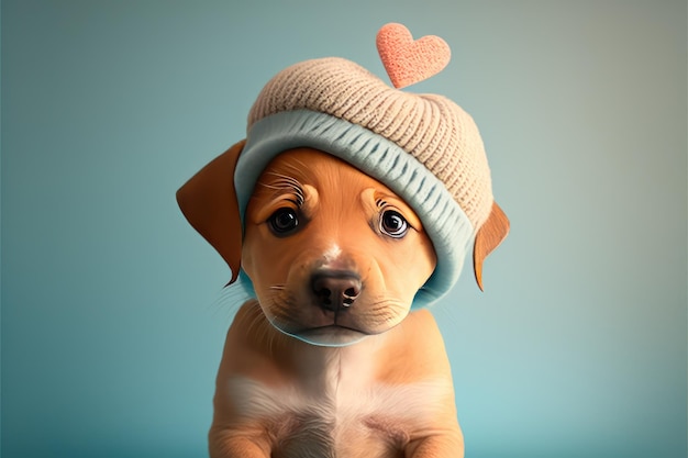 Lovable puppy z zabawnym kapeluszem w kształcie serca Przeznaczone do walki radioelektronicznej w pomieszczeniach Kolor tła Koncepcja miłości i terness Generative AI