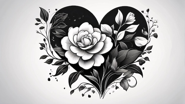 Love Heart Arrangement kwiatowy Czarno-biały bukiet kwiatowy Ilustracja Ciemny projekt karty