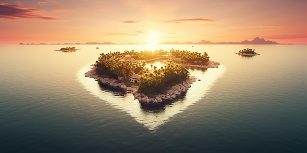 Zdjęcie love vacation concept sunset aerial perspective of paradise island w kształcie serca