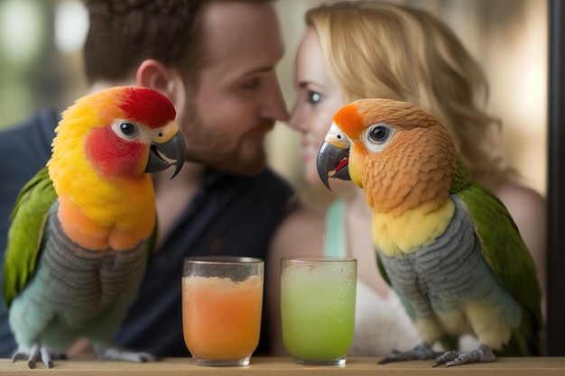 Lovebirds popijają razem swoje ulubione soki wygenerowane przez sztuczną inteligencję