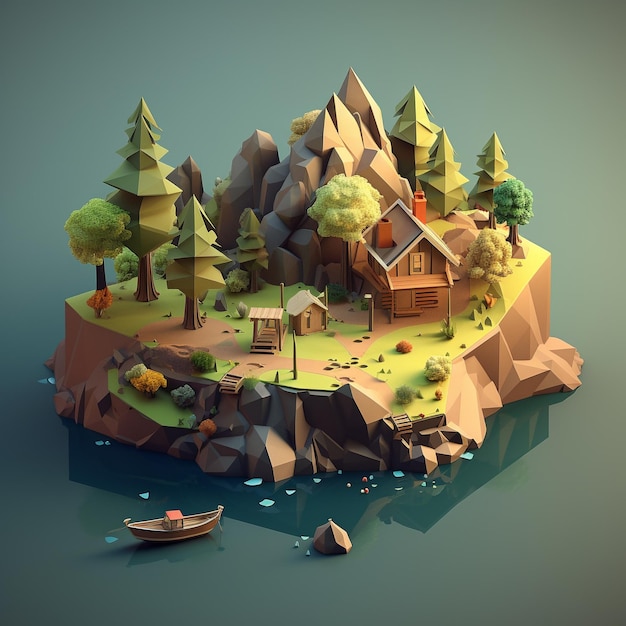 Low poly geometryczne drzewa i wyspa