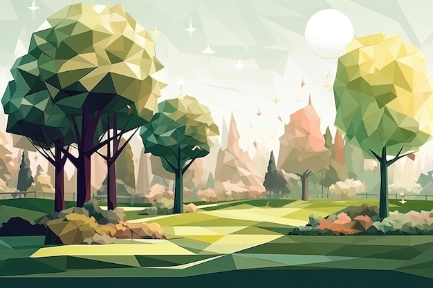 Low poly ilustracja lasu z drzewami i słońcem świecącym na nim.