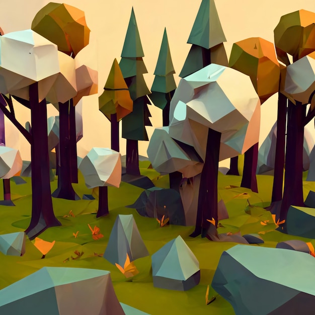 Low poly krajobraz z drzewami i skałami w tle.