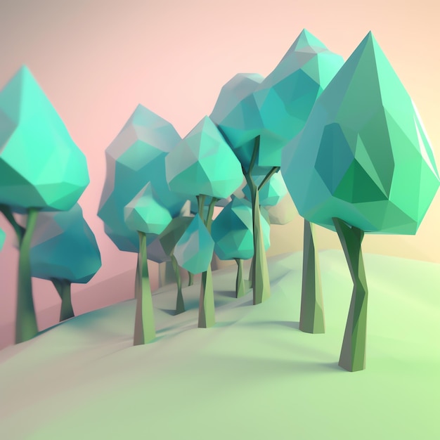 Low poly krajobraz z drzewami w kolorze zielonym i niebieskim.