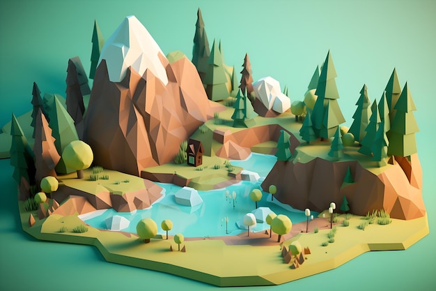 Low poly krajobraz z górami i rzeką.