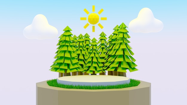 low poly las ze słońcem i chmurą na niebie letnie tło renderowania 3d