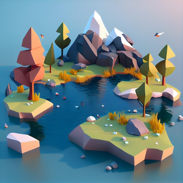 Low poly renderowanie krajobrazu z generatywną ai gór i jeziora