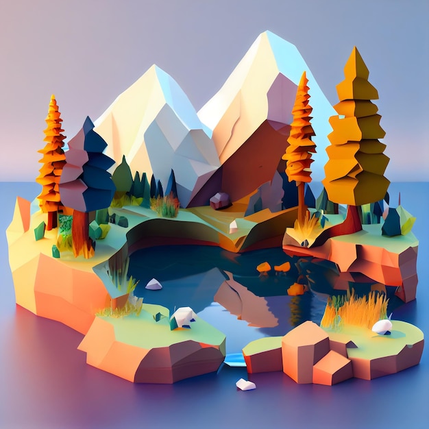 Low poly renderowanie krajobrazu z generatywną ai gór i jeziora