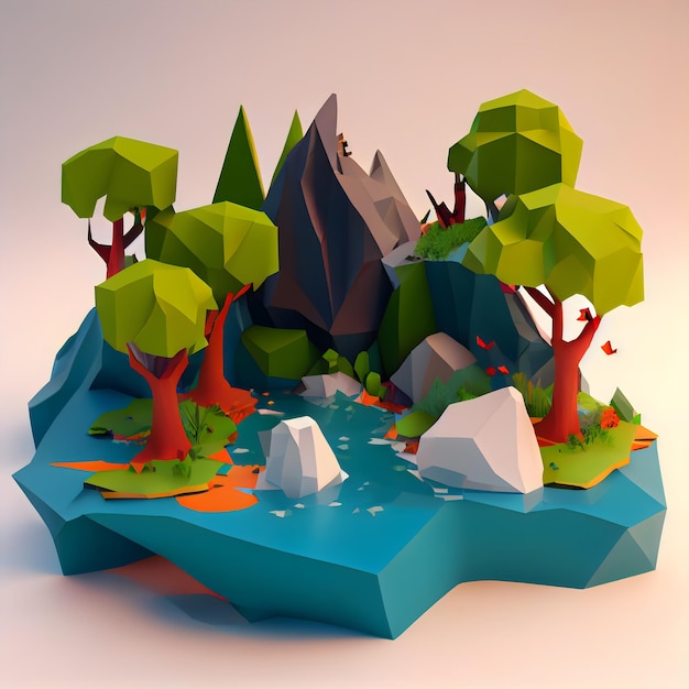 Low poly renderowanie krajobrazu z górami i jeziorem koncepcja gry krajobraz generatywny ai