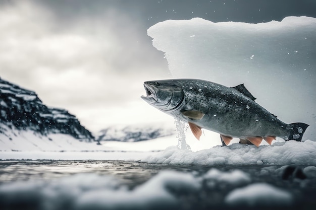 Łowienie łososia na lodzie wygenerowane przez sztuczną inteligencję