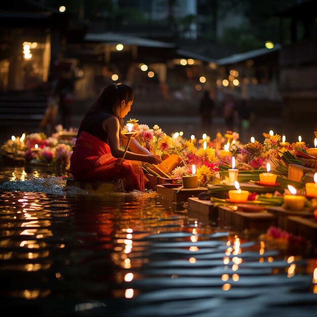 Loy Krathong w Tajlandii niższe i kadzidło wzdłuż rzeki oświetlenie