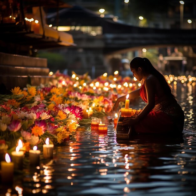 Zdjęcie loy krathong w tajlandii niższe i kadzidło wzdłuż rzeki oświetlenie