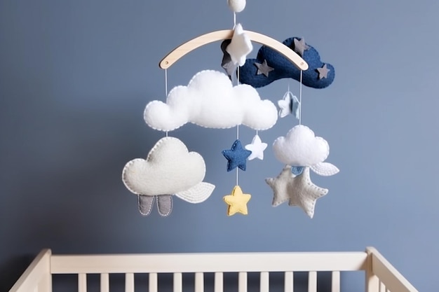 Łóżeczko dziecięce z karuzelą w chmurze i gwiazdkami.