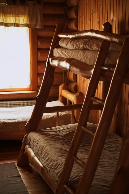 Łóżka Piętrowe Drewniane W Schronisku Drewnianym Oświetleniu Przyćmionym Pokoju