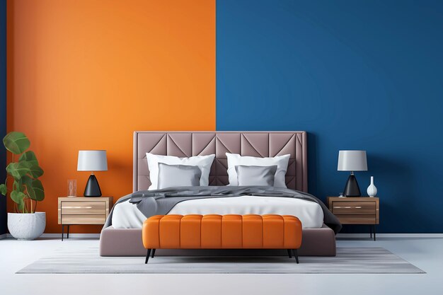 Łóżko i ławka przy pomarańczowej i niebieskiej ścianie z przestrzenią do kopiowania