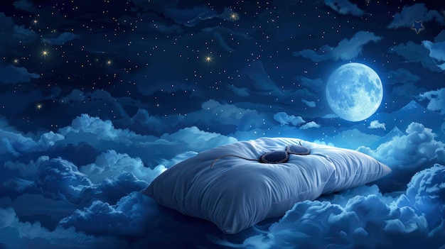 Łóżko na niebie z księżycowym światłem świecącym na nim piórkowa poduszka i opaska na oko nocna scena niebo pełne gwiazd Światowy Dzień Snu